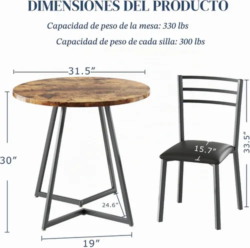 Vista 6 de VECELO Mesa de cocina redonda pequeña con 2 sillas tapizadas, juegos de comedor de madera de 3 piezas con marco de acero para rincón de desayuno