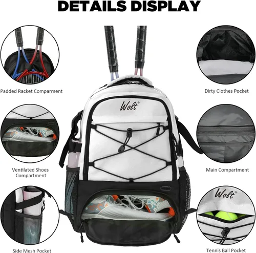 Vista 4 de Mochila para raqueta de tenis WOLT - Mochila grande para raqueta de tenis para hombres y mujeres - Compartimento ventilado para zapatos - Capacidad