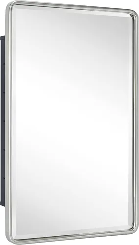 Vista 16 de TEHOME Botiquín de baño empotrado con marco de metal dorado cepillado con espejo rectangular redondeado con espejo biselado de 16 x 24 pulgadas