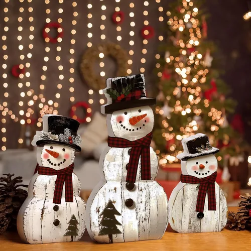 Vista 5 de Barydat 3 piezas de decoración de madera de muñeco de nieve de Navidad, centros de mesa rústicos de muñeco de nieve, letrero de bloque para Navidad