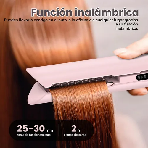 Vista 3 de Plancha sin cable, mini alisador de pelo y rizador para llevar (rosa)