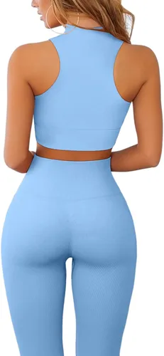 Vista 2 de QINSEN Conjuntos de entrenamiento acanalados para mujer sin costuras cuello alto brasier deportivo con control de abdomen leggings de yoga de 2