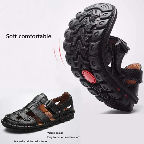 Vista 3 de ZHNSHM Sandalias de cuero con punta cerrada para hombre, estilo casual, de verano, para pescador, zapatos de playa ajustables, Negro