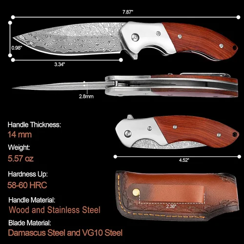 Vista 4 de KOMWERO Cuchillo de bolsillo de damasco, afilado núcleo de acero de Damasco VG10 Hoja DMJN Wood Handle, Folding Knife for Men Women, Pocket Clip
