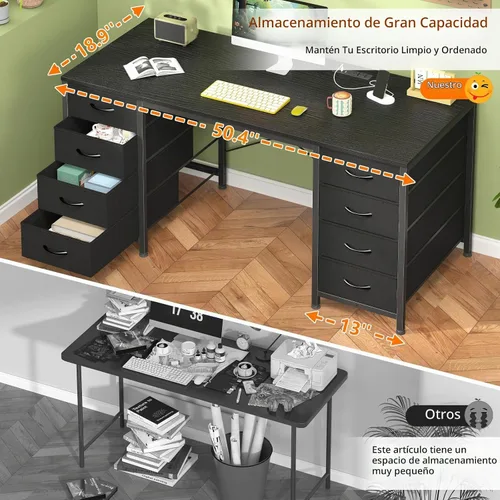 Vista 5 de YOMILUVE Escritorio para computadora de 50 pulgadas con 8 cajones, escritorio para oficina en casa con tomas de corriente, escritorio de trabajo