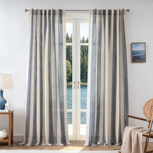 Vista 44 de DriftAway Cortinas de estilo granja con rayas verticales de lino mezclado texturizado con filtro de luz semitransparente para sala de estar