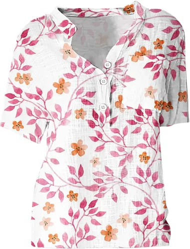 Vista 3 de Blusas de verano para mujer, cuello en V, ajuste holgado, cómodas, de algodón, lino, estampado floral, blusas a la moda 2023