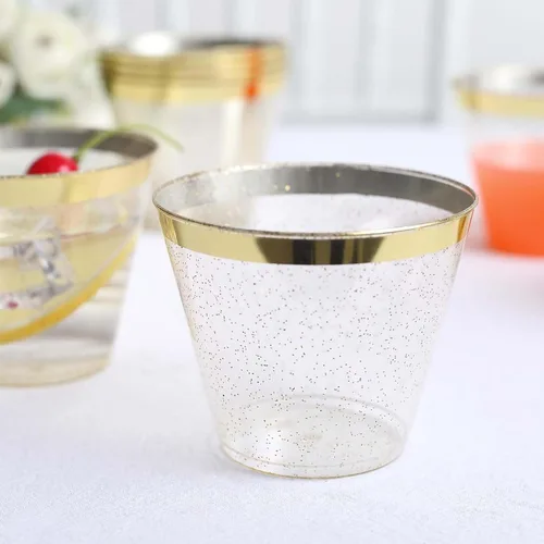 Vista 13 de Efavormart - Juego de 12 vasos de plástico de oro rosa de 10 onzas, diseño de borde para decoración de boda