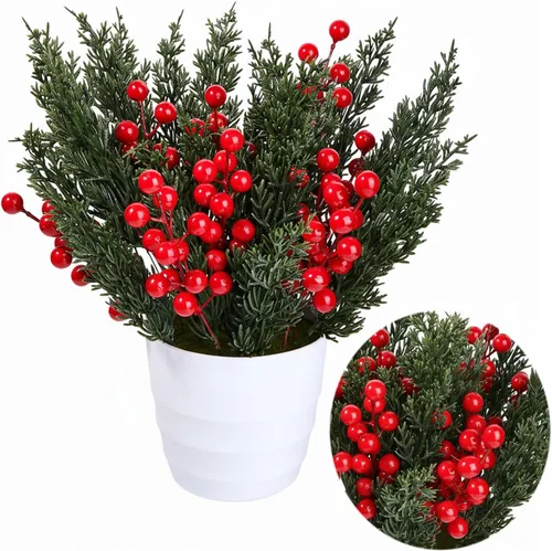 Vista 3 de Decoraciones navideñas para el hogar, interiores, ramas de pino artificial de hoja perenne con tallos de bayas rojas para árboles de Navidad 50