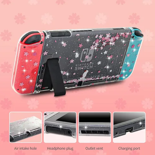 Vista 3 de ECHZOVE Bonita funda para interruptor con purpurina y flores de cerezo – Funda protectora transparente acoplable con protector de pantalla y agarres
