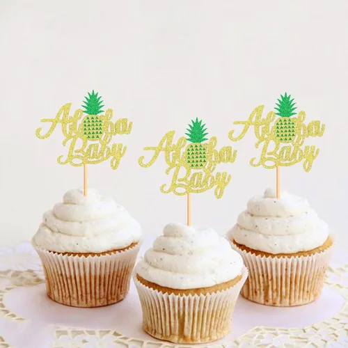 Vista 5 de Ercadio Aloha - Paquete de 24 adornos para cupcakes de piña con purpurina Hawaii Aloha Baby Cupcake Picks Hawaiian Luau Tropical Summer Aloha