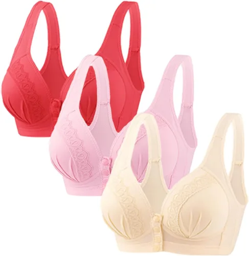 Vista 7 de Glamorette Snap Front Bra Older Women,Snap Front Bra, Sexy Lace Embroidered Bras,Pull-On Front Closure Button Bras 3 unidades de color negro.