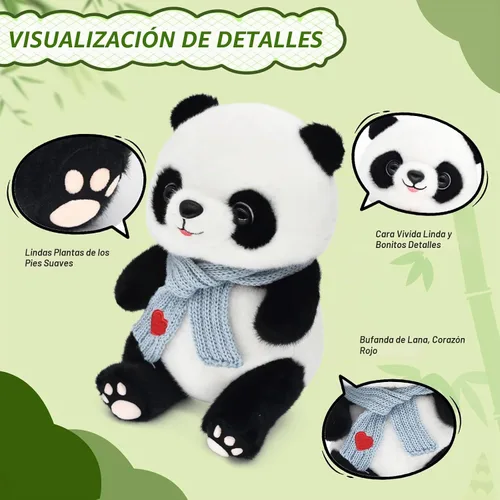 Vista 4 de Muñecas de panda de 9.8 pulgadas con bufanda de corazón de amor, juguetes de peluche suaves de animales de peluche, regalos de cumpleaños para Azul