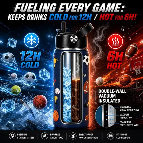 Vista 4 de Botella de agua deportiva de 16 onzas para niños, botella aislada de acero Sports Balls