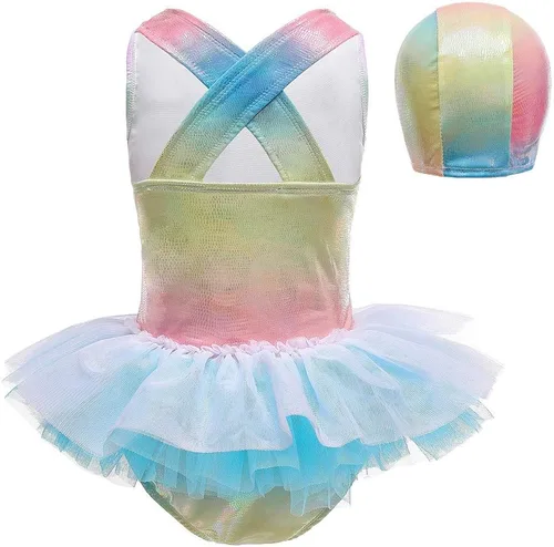 Vista 3 de HIHCBF Traje de baño de una pieza para niñas con volantes Tutú con gorra de sirena y escala, ropa de playa