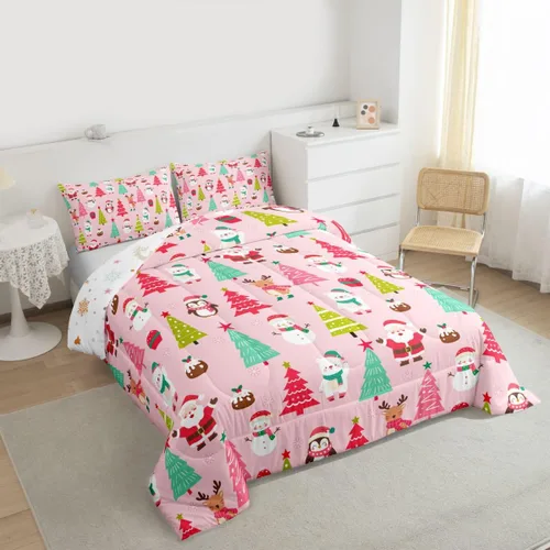 Vista 4 de Erosebridal Juego de edredón de Feliz Navidad, tamaño individual, divertido edredón de Papá Noel para niños y niñas, edredón de plumón de pingüino