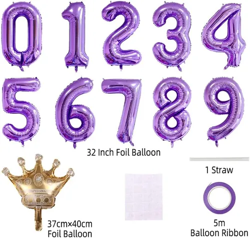 Vista 2 de Globo morado con el número 32 de 32 pulgadas, globos de aluminio jumbo con corona desmontable para decoración de fiesta de cumpleaños 38