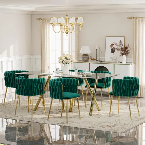 Vista 30 de Glam Style - Juego de mesa de comedor de 5 piezas para 4, mesa de comedor rectangular de vidrio templado de 51 pulgadas con base de metal dorado