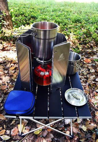 Vista 2 de Parabrisas plegable para estufa al aire libre con bolsa de transporte, 14 placas de aluminio para estufa de campamento, parabrisas ligero