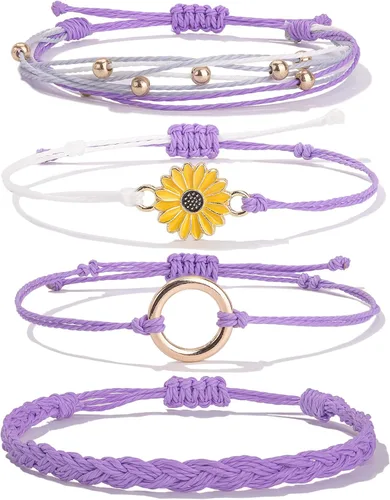 Vista 21 de Pulsera de cuerda trenzada hecha a mano con diseño de girasol para adolescentes y mujeres Beige
