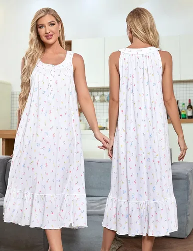 Vista 5 de MZROCR Camisones de algodón para mujer, suave, sin mangas, para adultos, ropa de dormir con volantes