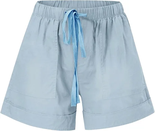 Vista 4 de HUCHPI Pantalones cortos para mujer, pequeños, casuales, sueltos, de cintura media, con cordón, cómodos, con bolsillos