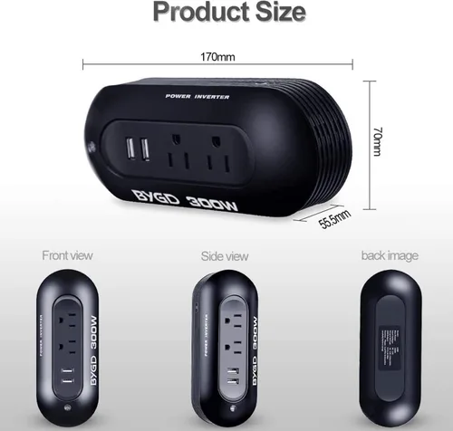 Vista 2 de Inversor de corriente para automóvil de 300 W, convertidor de CC de 12 V a 110 V CA, dos salidas de CA y puertos de carga rápida USB duales de 2.4