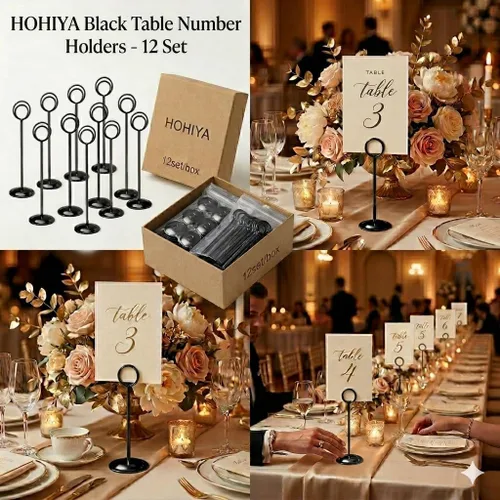 Vista 4 de HOHIYA Paquete de 12 soportes negros para números de mesa de 12 pulgadas, soportes para tarjetas de lugar de boda Elegantes soportes negros