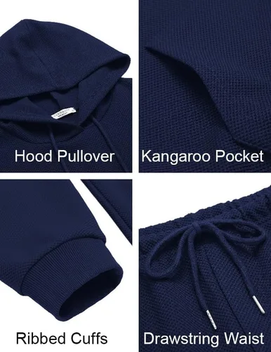 Vista 5 de COOFANDY Conjunto deportivo para hombre, 2 piezas, sudadera con capucha de gofre, conjunto deportivo para correr