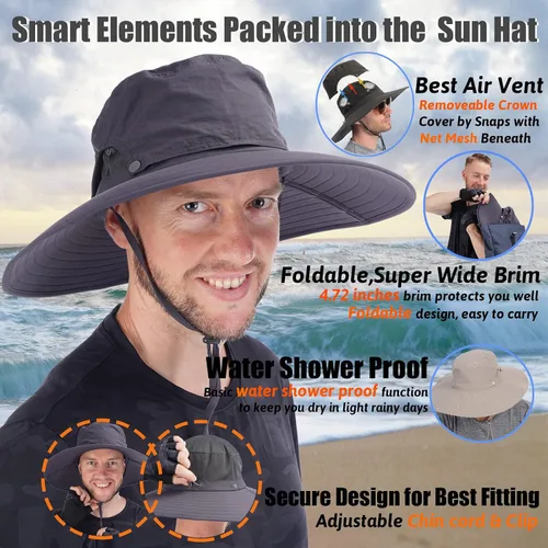 Vista 4 de USHAKE Sombrero de pesca, pescador, sombrero de sol, sombrero de ala ancha, sombrero de bonnie para hombres y mujeres