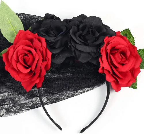 Vista 4 de WIOR Diadema del Día de los Muertos con velo y flores de rosa, diadema mexicana para fiesta de disfraces de Halloween (rojo y negro)