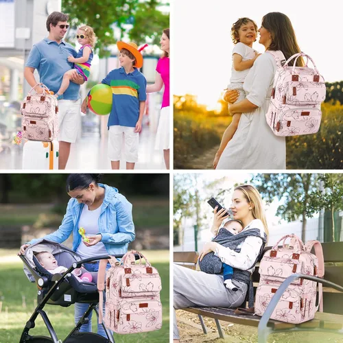 Vista 6 de Mochila para pañales, mochila grande para pañales con cambiador portátil, bolsas de pañales para niñas, mochila de viaje floral multifunción