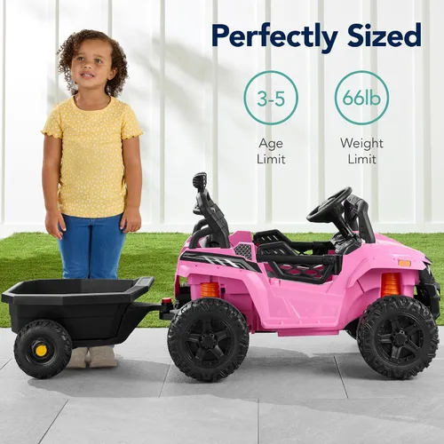 Vista 12 de Best Choice Products Carro Eléctrico Montable UTV de 12V para Niños con Remolque con Control Parental, Luces LED, 2 Velocidades, Bluetooth - Rosa