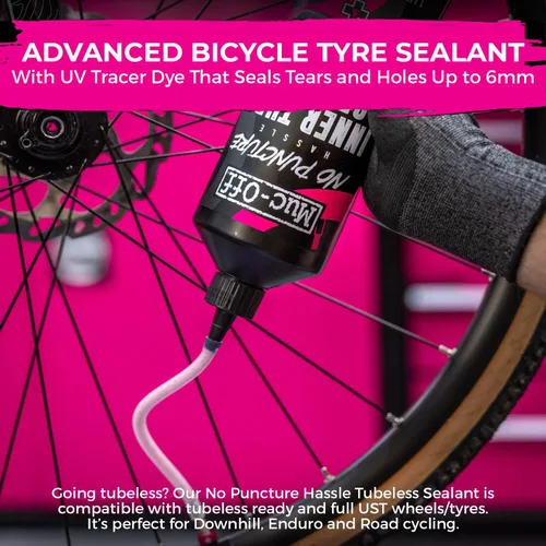 Vista 4 de Muc-Off Sellador sin cámara sin complicaciones de pinchazos, 1 litro, sellador avanzado para neumáticos de bicicleta con tinte trazador UV que sella