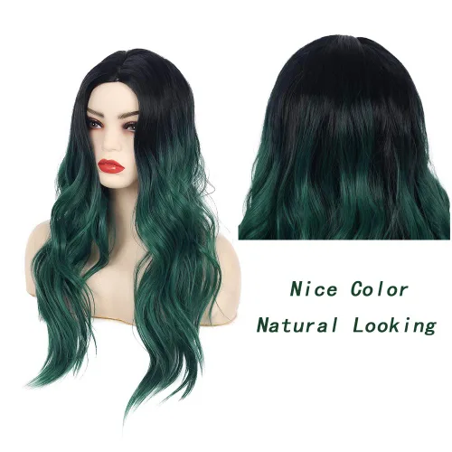 Vista 2 de Baruisi Long Curly Wavy Ombre Black Green Wig Synthetic Natural Middle Part Cosplay Costume Hair Wigs for Women