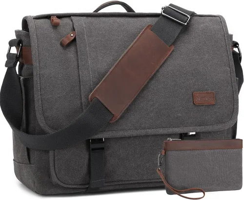 Vista 10 de NerIion Bolsa de Mensajero para Hombres de 17-17.3 Pulgadas, Bolsa de Laptop de Lona Resistente al Agua, Bolsa de Hombro, Maletín de Trabajo, Marrón