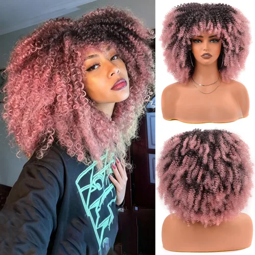 Vista 12 de Vitorish Peluca corta afro rizada con flequillo para mujeres negras, peluca sintética resistente al calor, color negro natural, para uso diario