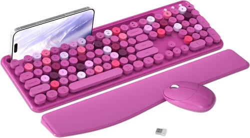 Vista 10 de Combo de teclado y mouse inalámbricos con soporte para teléfono (caqui) MPTOG Colorful Typewriter Keys with Wrist Rest, 2.4GHz Wireless