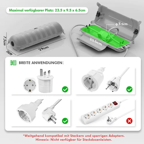 Vista 2 de RESTMO IP44 Waterproof Cable Box for Outdoor Use, Weatherproof Large Protective Box for Extension Cable, Schuko Plug, Power Tool, 290 mm x 110 mm x