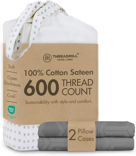 Vista 22 de Threadmill Home Linen Fundas de Almohada Estándar - 100% Algodón Natural 600 Número de Hilos, Juego de 2 Fundas de Almohada Damasco Gris Oscuro