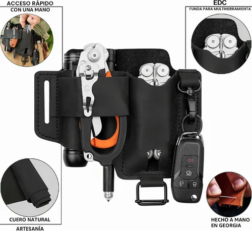 Vista 2 de Funda EDC multiherramienta para cinturón - Funda compacta para cuchillo y linterna para uso diario - Funda Leatherman para hombres - Organizador
