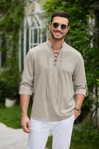 Vista 2 de COOFANDY Camisas de lino y algodón para hombre, disfraz de playa, hippie, renacentista, medieval, manga larga, con cordones