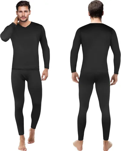 Vista 2 de Patelai Juego de 3 ropa interior térmica para hombre, capa base cálida de invierno, cuello en V, forro polar térmico para clima frío