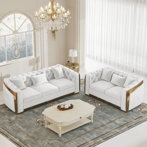 Vista 37 de DAMAIFROM Sofá Chesterfield moderno de mediados de siglo, sofá de terciopelo de 62" blanco y dorado, sofá biplaza curvo de lujo para sala de estar