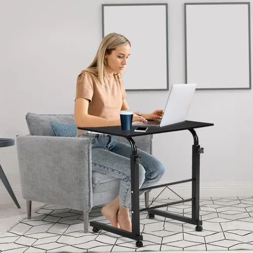 Vista 4 de Carrito de escritorio para computadora móvil, mesa para laptop de altura ajustable con ruedas, soporte rodante, mesa auxiliar para sofá, cama Negro