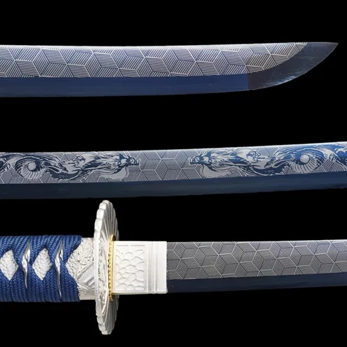 Vista 2 de Espada Katana Wuaiyebet forjada a mano tradicional de acero de alto carbono 1045/1060, espada samurai japonesa, templada al calor, de hoja completa