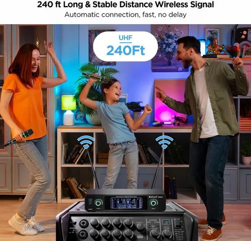Vista 2 de Bietrun Micrófono inalámbrico, sistema de micrófono dinámico inalámbrico dual UHF inalámbrico de metal recargable para karaoke, reuniones, fiestas