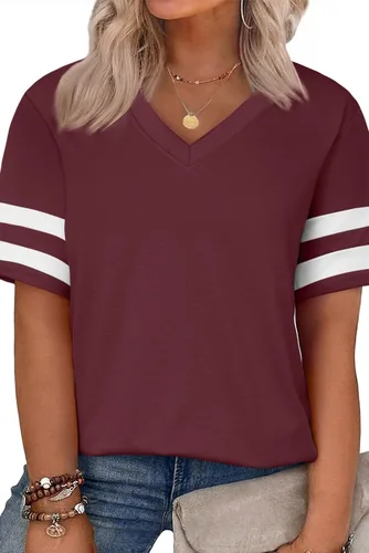 Vista 99 de Eytino Blusas de talla grande para mujer, cuello en V, manga corta, a rayas, casual, holgada, con bolsillo (1X-5X)