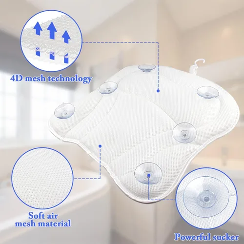 Vista 3 de Almohada de baño para bañera cómoda almohada de baño, almohadas de baño ergonómicas para soporte de cuello y espalda con 6 ventosas, diseño de malla