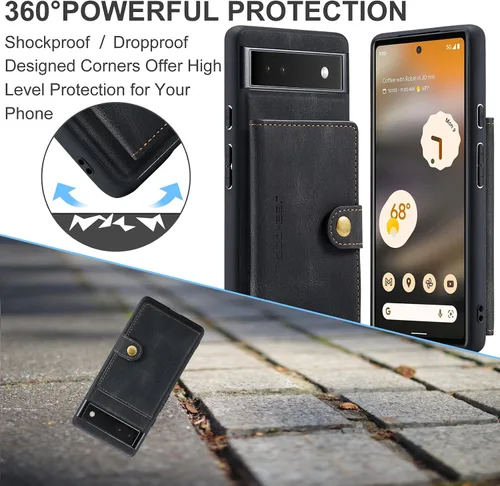 Vista 3 de Funda para Google Pixel 7A, cartera magnética desmontable con ranura para efectivo, soporte de carga inalámbrica, función atril compatible con Negro